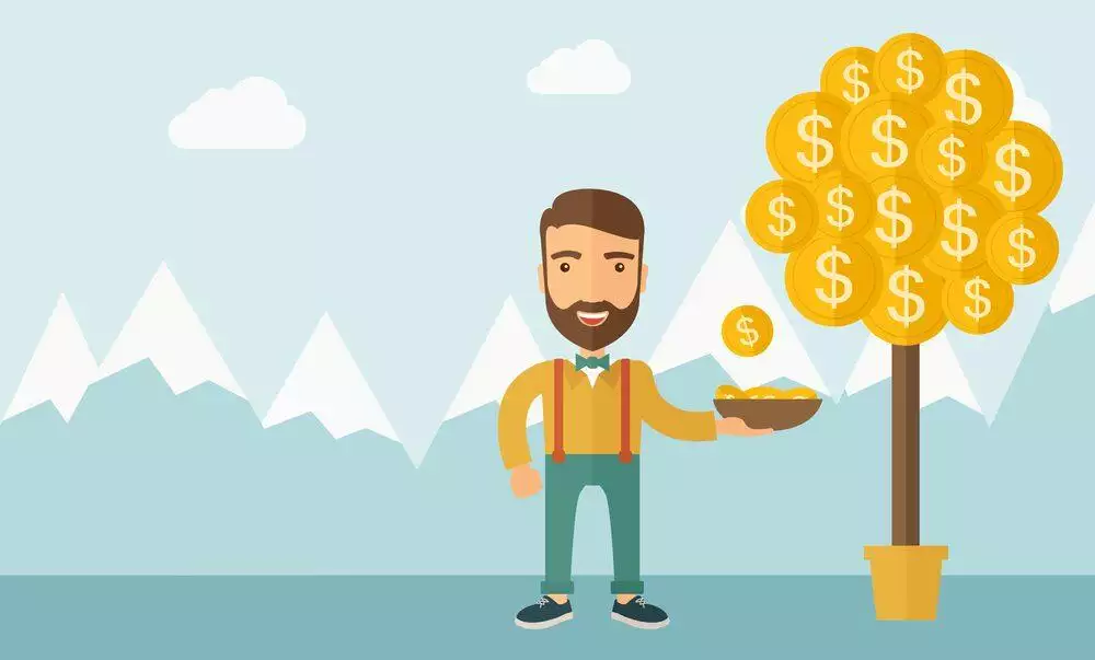 A Caucasian with beard man standing while catching a dollar coin from money tree. Dollar signs growing on branches and falling from tree. A contemporary style with pastel palette soft blue tinted background with desaturated clouds. Vector flat design illustration. Horizontal layout.